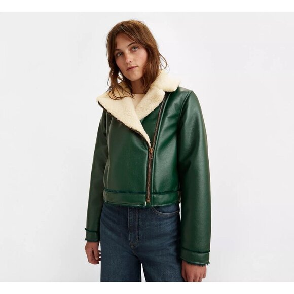 Levi’s Women’s Green Vegan Leather Sherpa Crop Moto Jacket Size Large. - Picture 2 of 16